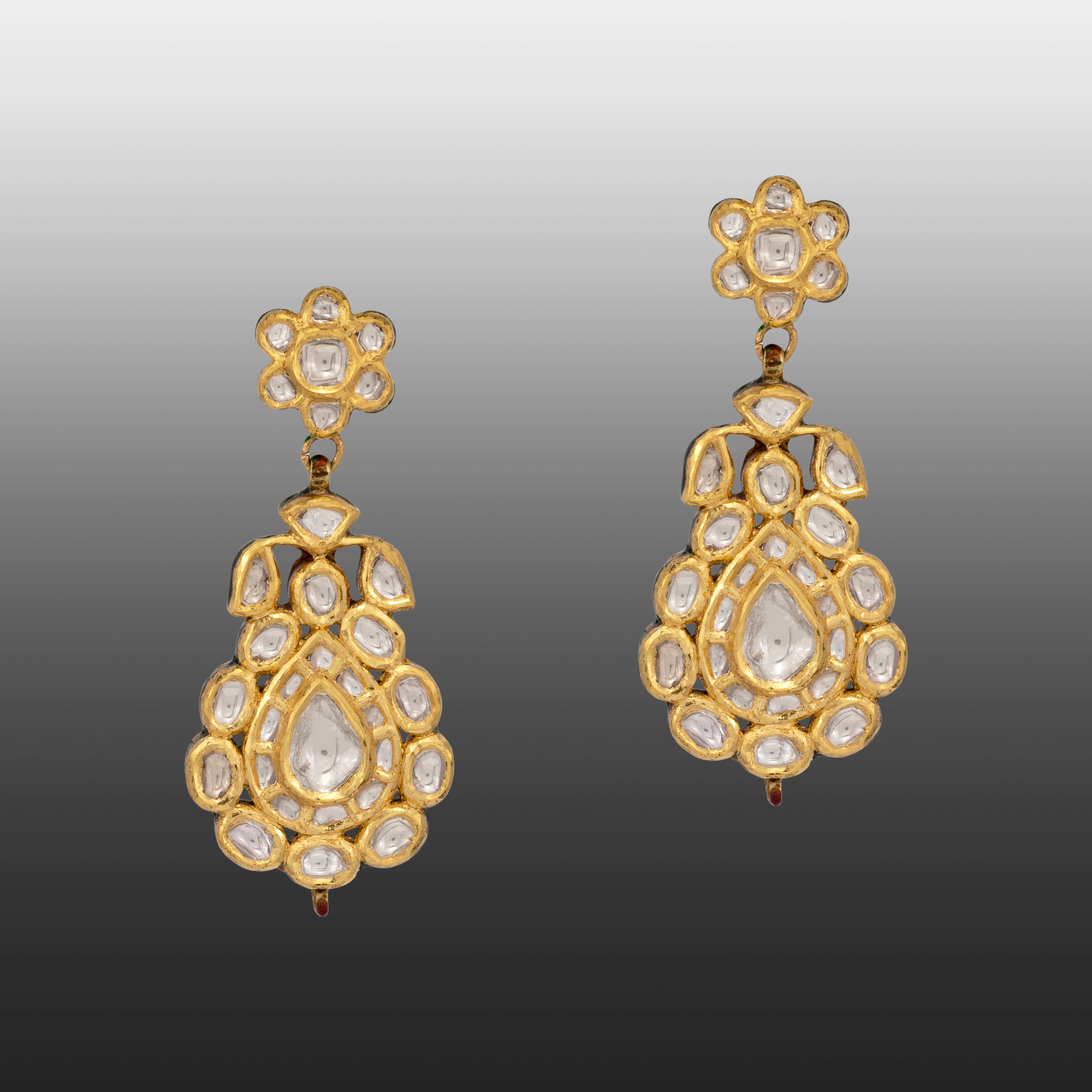 Teardrop Polki Earrings with Floral Gold Accents
